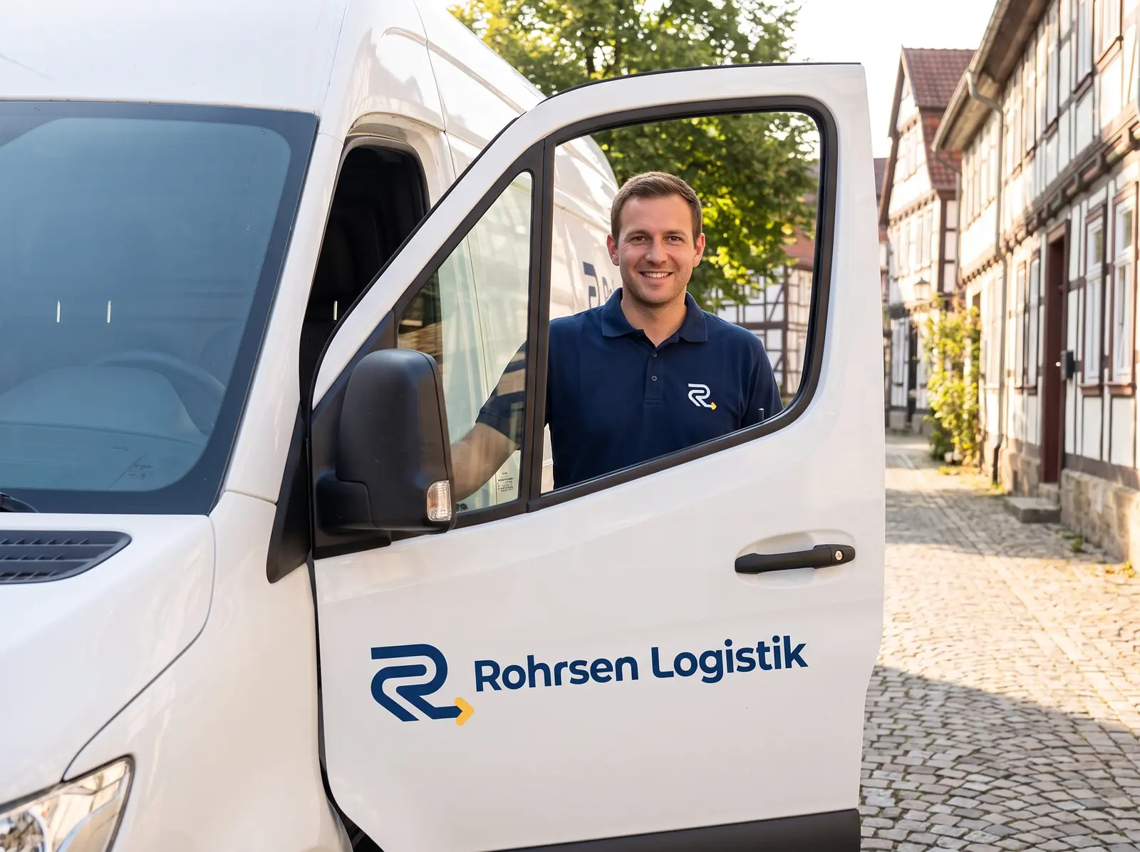 Lächelnder Fahrer im Rohrsen-Logistik-Polo neben der offenen Schiebetür eines weißen Transporters