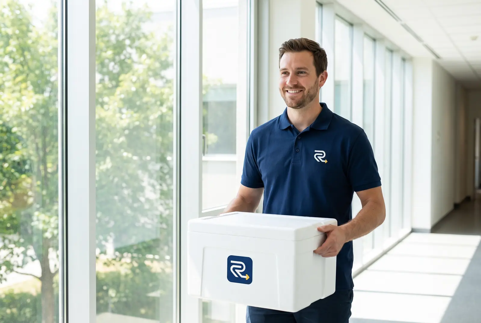 Kurier mit Transportbox in einem hellen Klinikflur