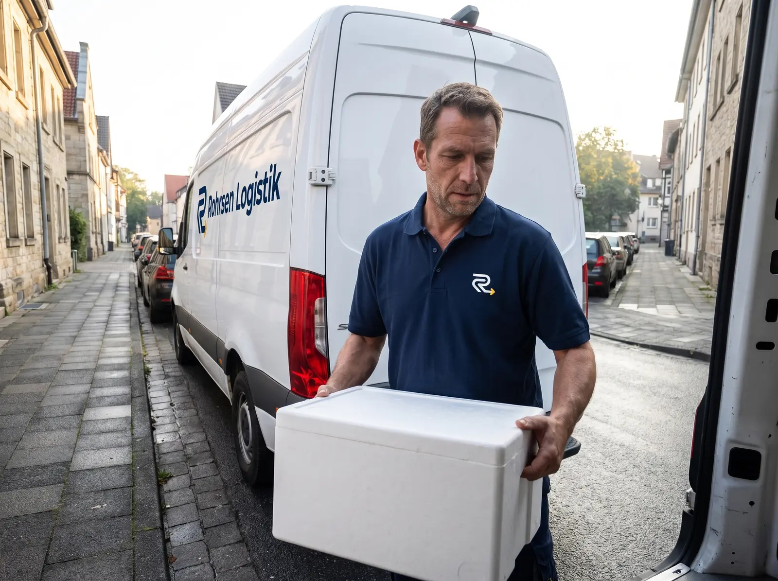 Kurier im Rohrsen-Logistik-Polo lädt eine Transportbox in einen weißen Transporter