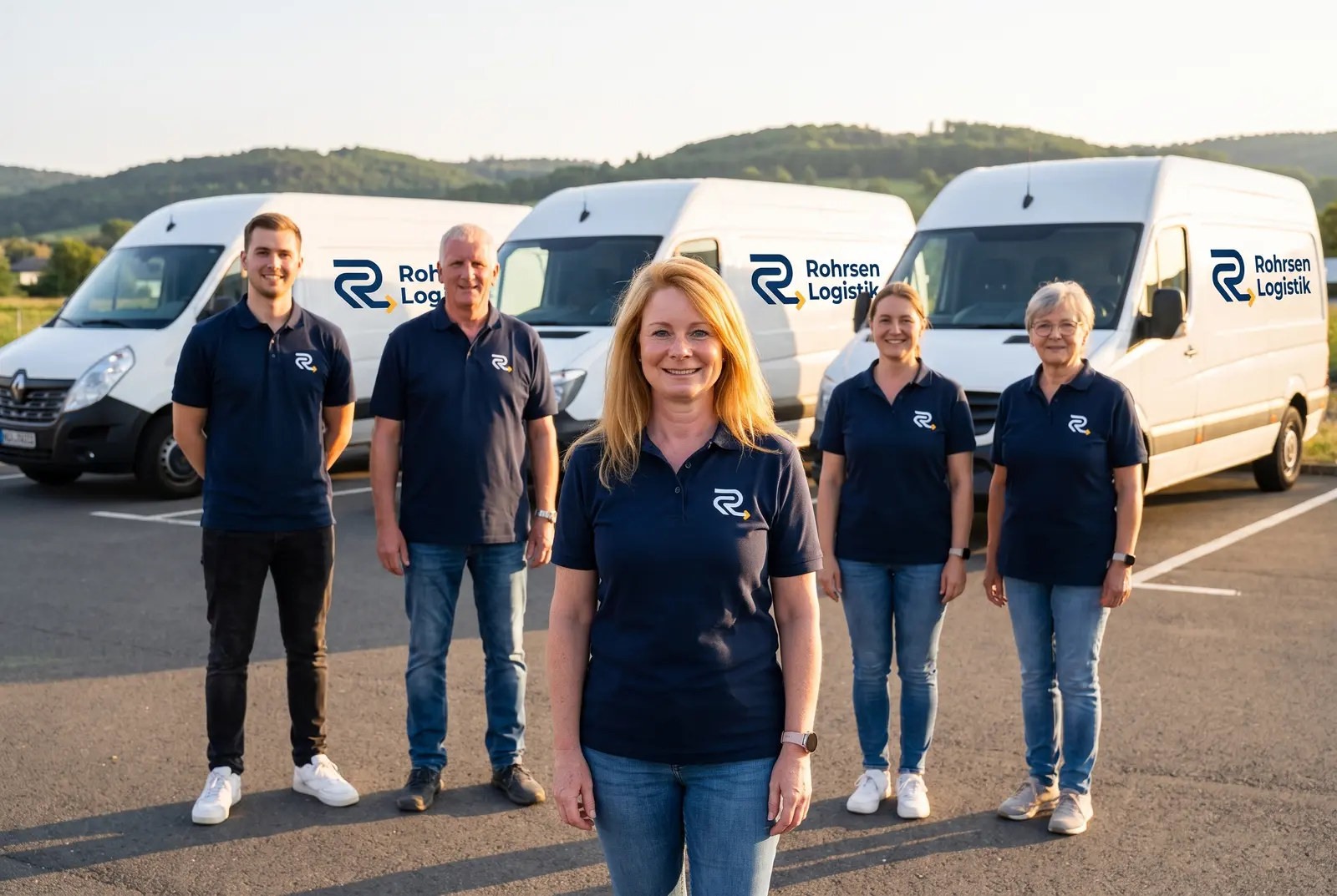 Das Rohrsen-Logistik-Team vor den weißen Firmen-Transportern
