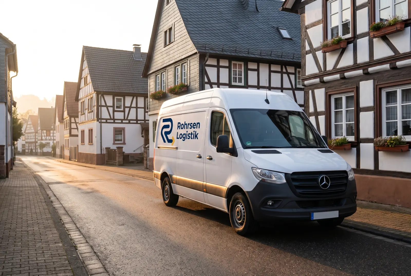 Weißer Rohrsen-Logistik-Transporter in einer ruhigen Straße in Baden-Baden am frühen Morgen